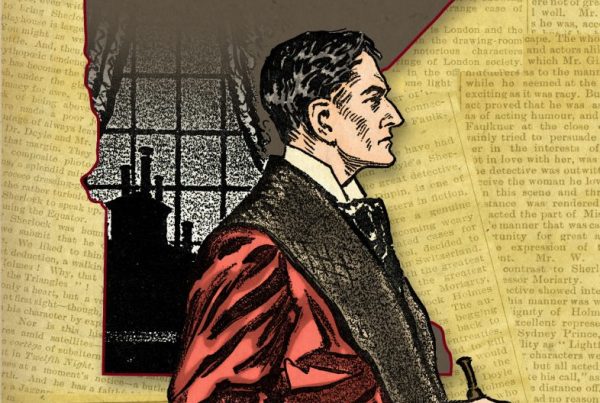 Collage of illustrations show Sherlock Holmes partially obscuring the shape of the state of Minnesota