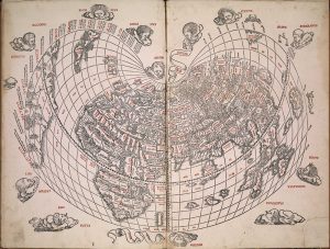 Sixteenth-century world map, printed in red and black, shaped like a heart and surrounded by heads floating on clouds, representing the winds.