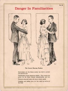 Hand-drawn images of two couples dancing while wearing formal attire, underneath a headline of Danger in Familiarities. A blurb below explains the correct dancing position