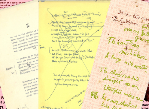 Three untitled poem drafts from the Upper Midwest Literary Archives layered in front of a pink background.