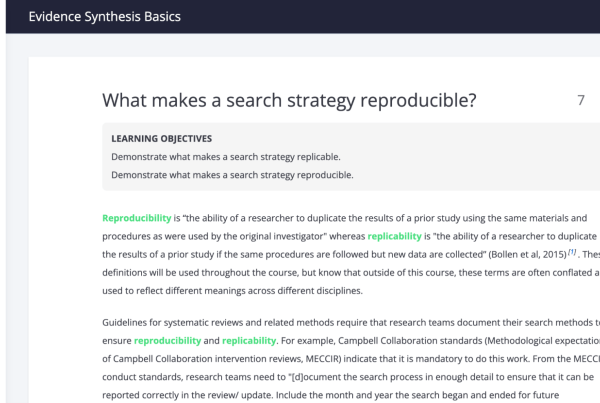 Screenshot from the "Evidence Synthesis for Librarians and Information Specialists" online course. Heading reads, "What makes a search strategy reproducible?" with learning objectives for the course listed below