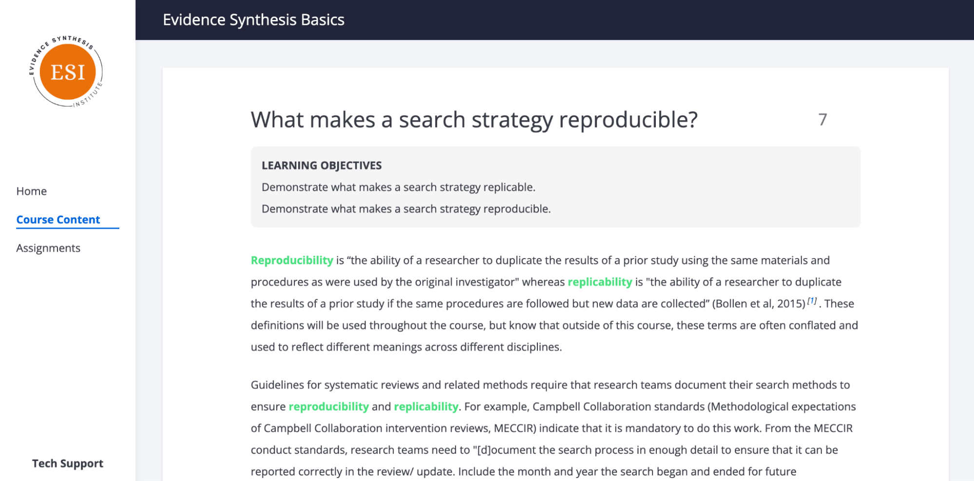Screenshot from the "Evidence Synthesis for Librarians and Information Specialists" online course. Heading reads, "What makes a search strategy reproducible?" with learning objectives for the course listed below