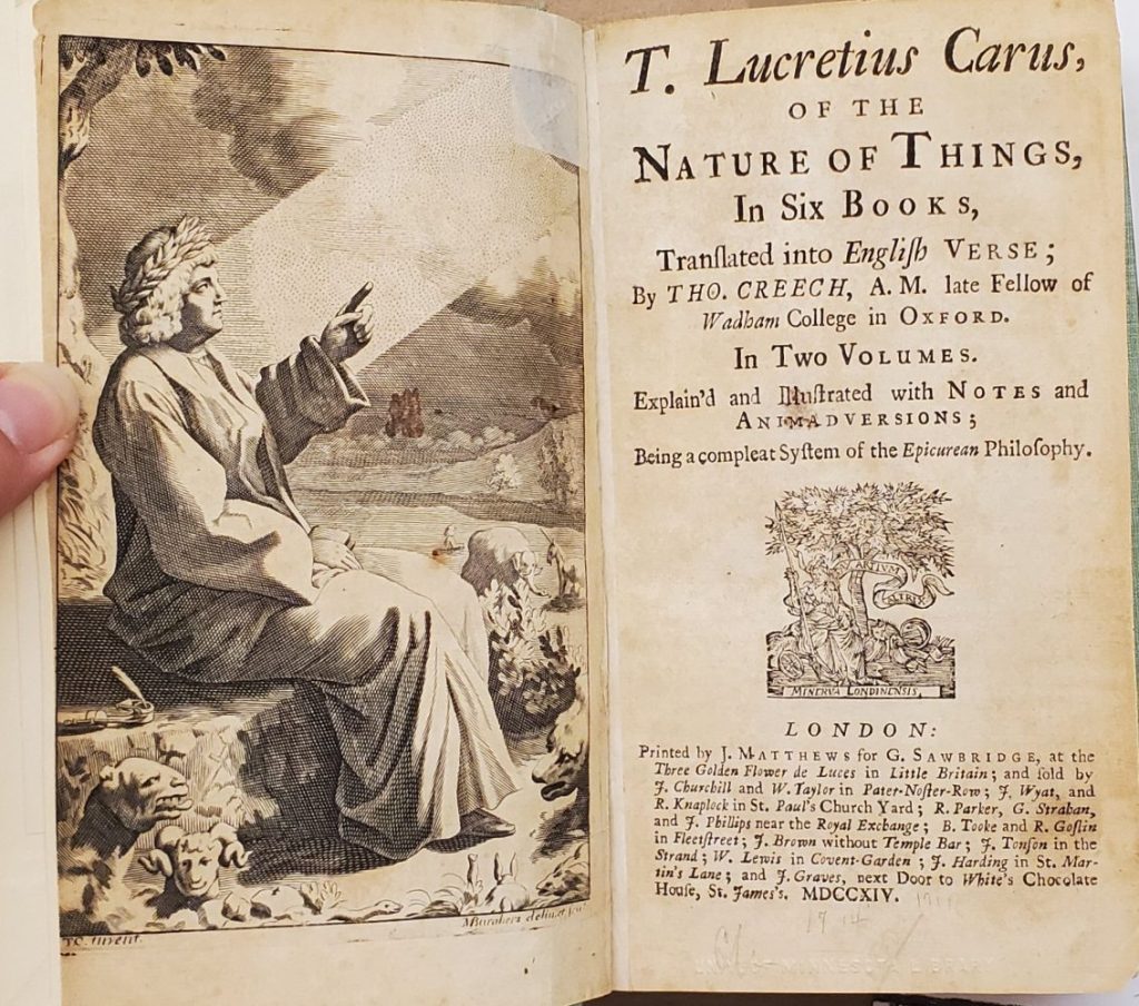 Title page and frontispiece showing a man dressed in a flowing robe, pointing skywards.