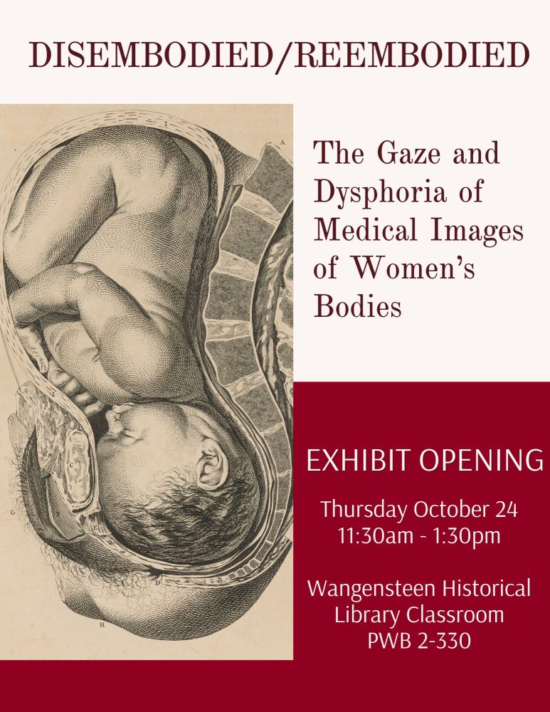 Promotional poster for the Disembodied/Reembodied exhibit opening, with an anatomical illustration of a baby in utero.