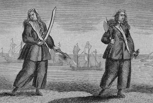 Archival image of two pirates standing side by side, with one holding a large sword