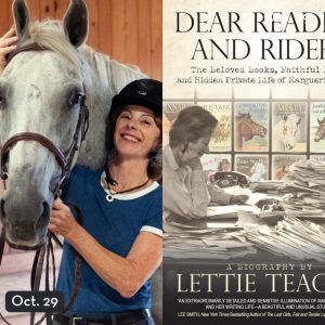 Side by side image of the book cover "Dear Readers and Riders" next to author Lettie Teague