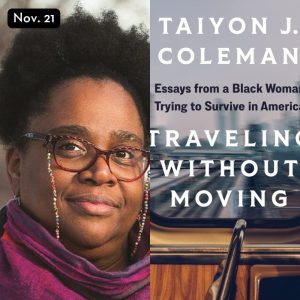 Side by side image of the book cover "Traveling without moving" next to author Taiyon Coleman