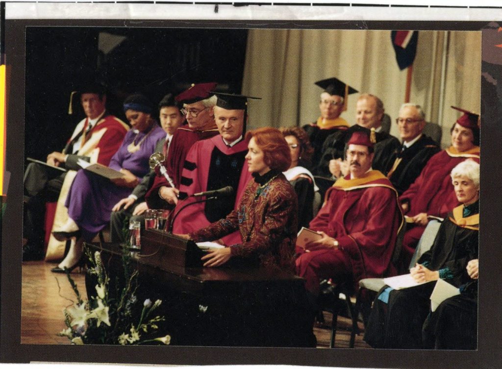 Minnesota Lt. Gov. Marlene Johnson introduces Nils Hasselmo as the President of the University of Minnesota, October 20, 1989. University of Minnesota Archives Photograph Collection, https://umedia.lib.umn.edu/item/p16022coll175:12920.