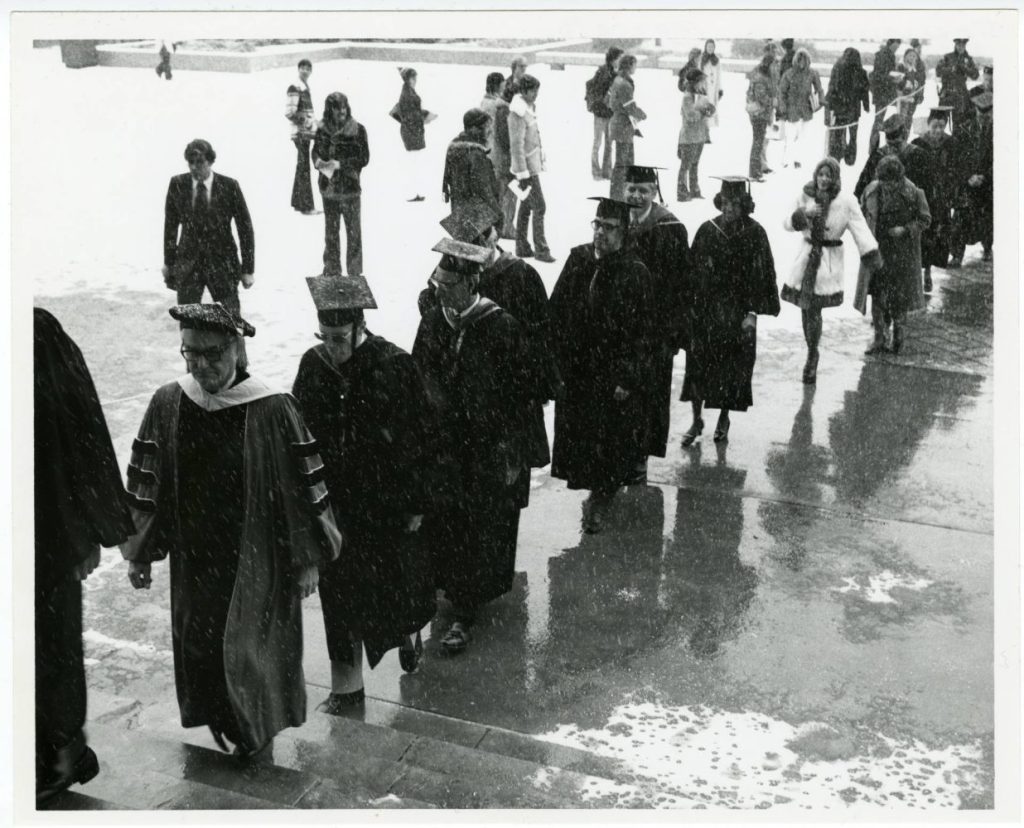 Attendees arrived during a blizzard for the inauguration of C. Peter Magrath, November 26, 1974. University of Minnesota Archives Photograph Collection, https://umedia.lib.umn.edu/item/p16022coll175:21419.