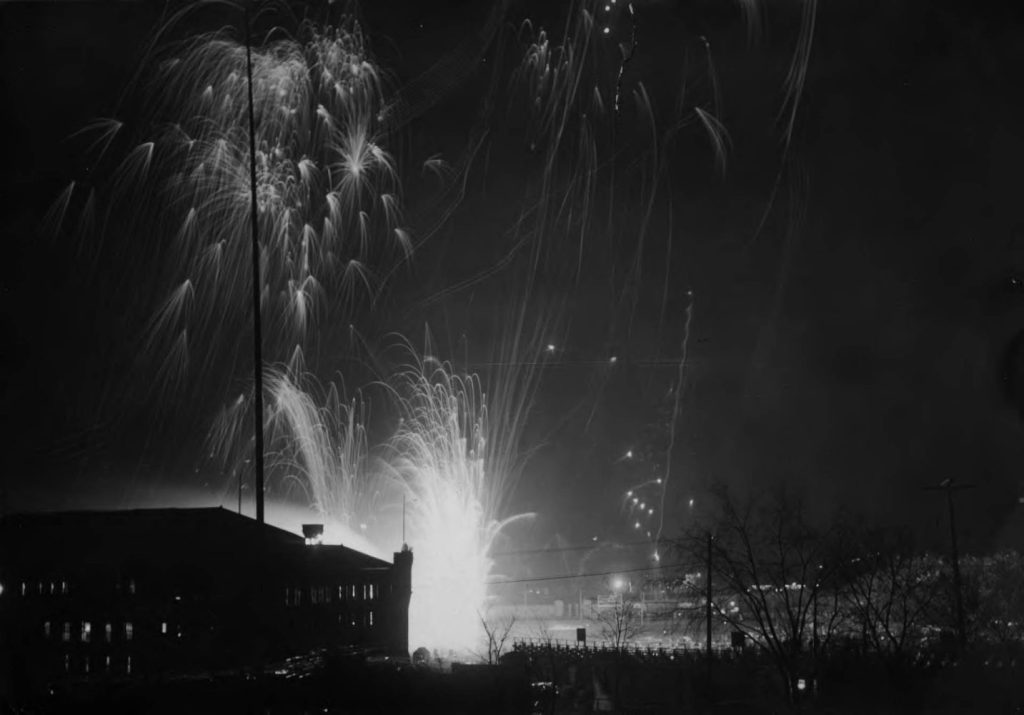 Fireworks display in Northrop Field in honor of the inauguration of President George Edgar Vincent, October 17, 1911. University of Minnesota Archives Photograph Collection, https://umedia.lib.umn.edu/item/p16022coll175:2966.