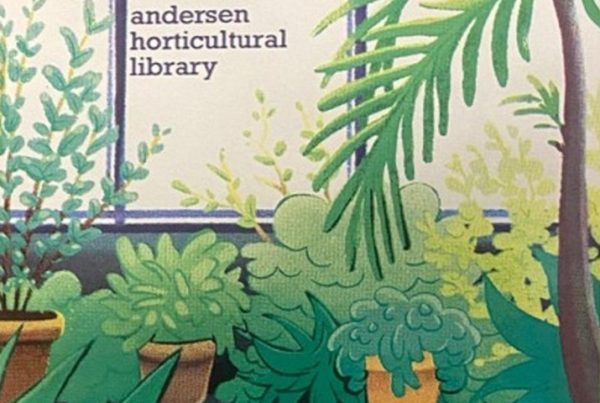 houseplant poster, an illustration of potted plans and a wall sign that says Andersen Horticultural Library