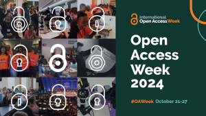 Graphic for Open Access Week 2024 with nine square images of research-related activities in a mosaic format overlayed with graphic locks unlocked. Text next to images reads "International open access week open access week 2024"