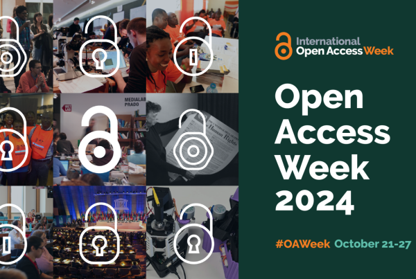 Graphic for Open Access Week 2024 with nine square images of research-related activities in a mosaic format overlayed with graphic locks unlocked. Text next to images reads "International open access week open access week 2024"