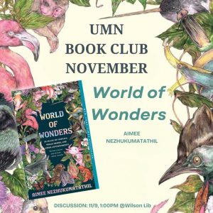 Graphic image featuring flowers and birds, along with the cover of World of Wonders.