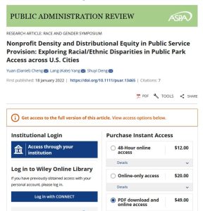 Screenshot showing a paywall when trying to access an article in the journal Public Administration Review