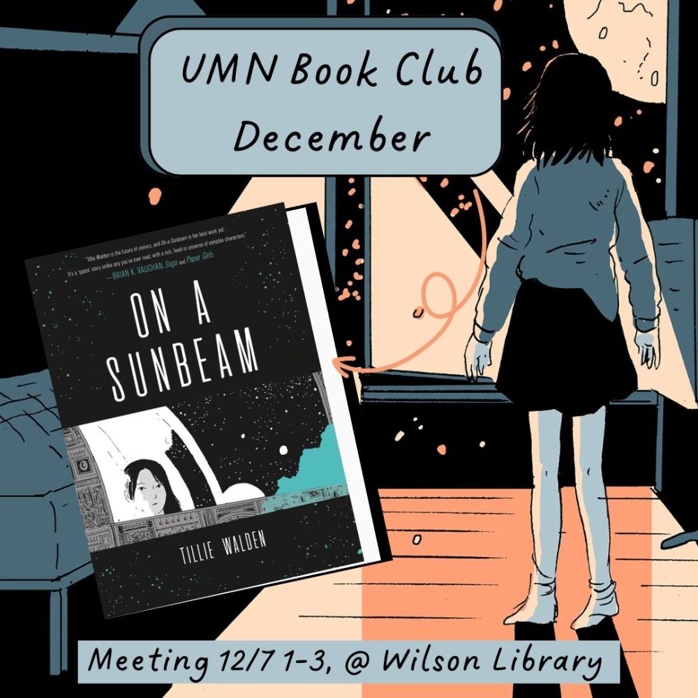 An illustration of a young girl standing before a window with a copy of the cover on On a Sunbeam, and information about the next book club meeting.