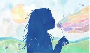 Illustration of child blowing dandelion seeds. Marlena Myles