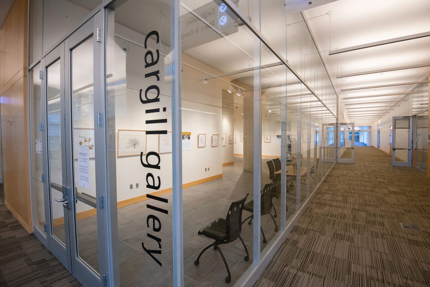 Enclosed exhibit with glass walls at the Minneapolis Central Library. The glass door reads "Cargill Gallery"