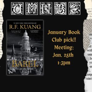 A black background on top of torn newsprint with gothic letter stamps spelling UMNBC above an image of Babel by R.F. Kuang.