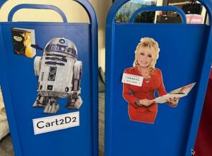 Two library carts - Cart2D2 and Dolly Carton