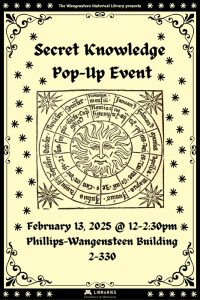 Promotional poster for Secret Knowledge, a pop up event at the Wangensteen Historical Library