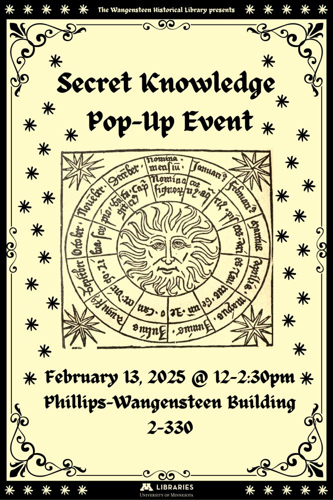 Promotional poster for Secret Knowledge, a pop up event at the Wangensteen Historical Library