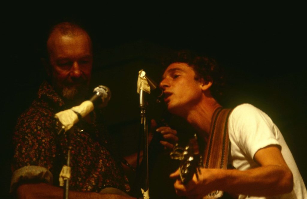 Pete Seeger and Larry Long perform at the Prom Center in St. Paul in 1980 at a tribute for Minnesota Governor Elmer Benson.