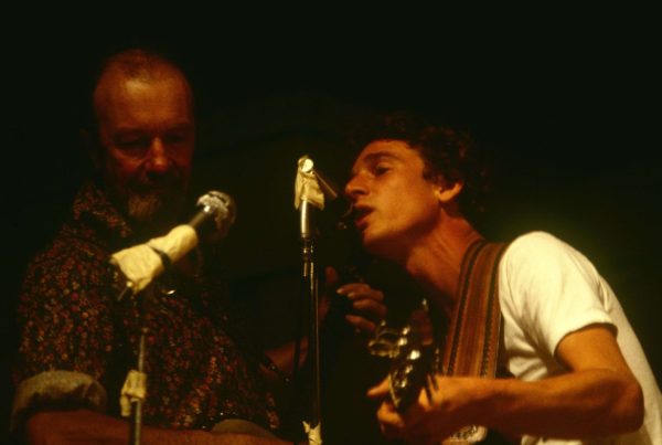 Pete Seeger and Larry Long perform at the Prom Center in St. Paul in 1980 at a tribute for Minnesota Governor Elmer Benson.