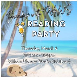 Paradise at PAWS reading party. A cartoon dog is curled up under a palm tree by a beach. Text describing the Reading Party date and location in white.