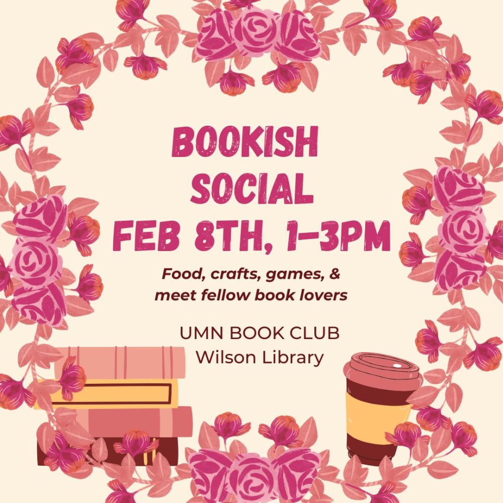 White background with text saying Bookish Social surrounded by a pink wreath of flowers, with a coffee cup and books.