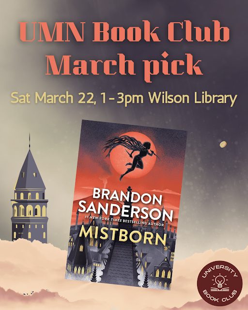 A copy of Mistborn by Brandon Sanderson floats on an image of a cloud with text giving the date and time of the book club meeting.