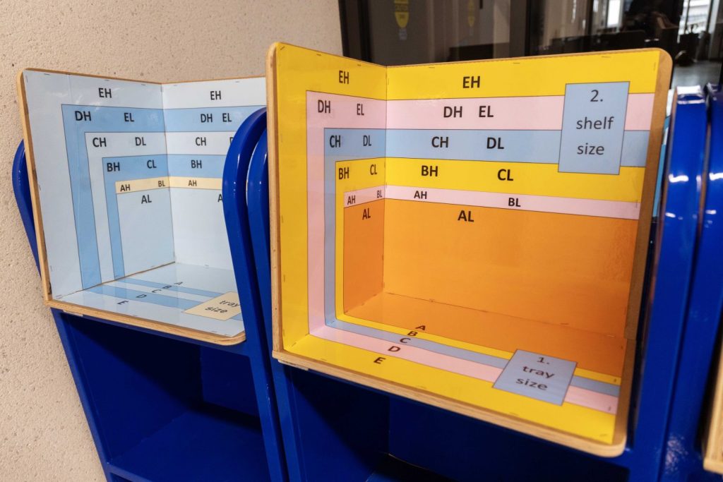 A tool to measure the tray size and shelf size needed for materials, on Tuesday, March 4, 2025, in Minneapolis. (Photo/Adria Carpenter)