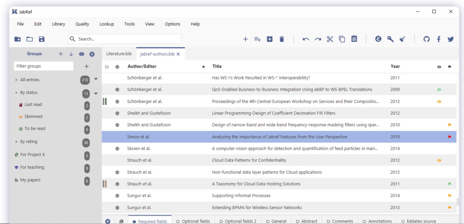 Example screen of JabRef citation mananagement program.