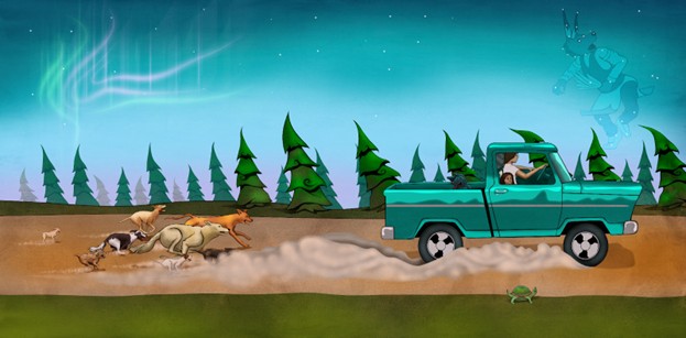 Cover art of Jonathan Thunder Bow Wow Pow Wow in which a pack of dogs are chasing behind a turquoise pick up truck.