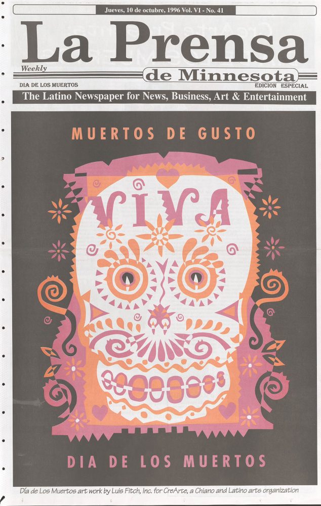 The front page of an October 1996 newspaper showing a pink, white and orange Día de los Muerto skeletal head on a black background.