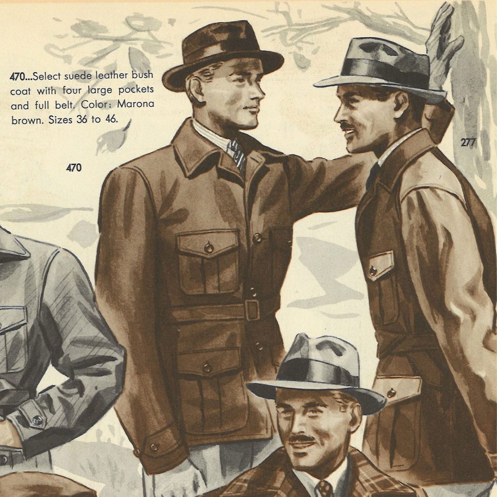 Drawing of two men standing against a tree, both wearing brown outdoor coats. From 1938 Zero King catalog of their sportswear clothing line.