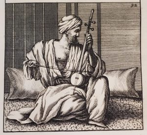 Sketch of man seated playing a stringed instrument
