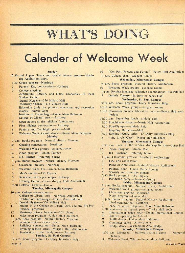 Calendar schedule, outlining the events of Welcome Week in 1966.