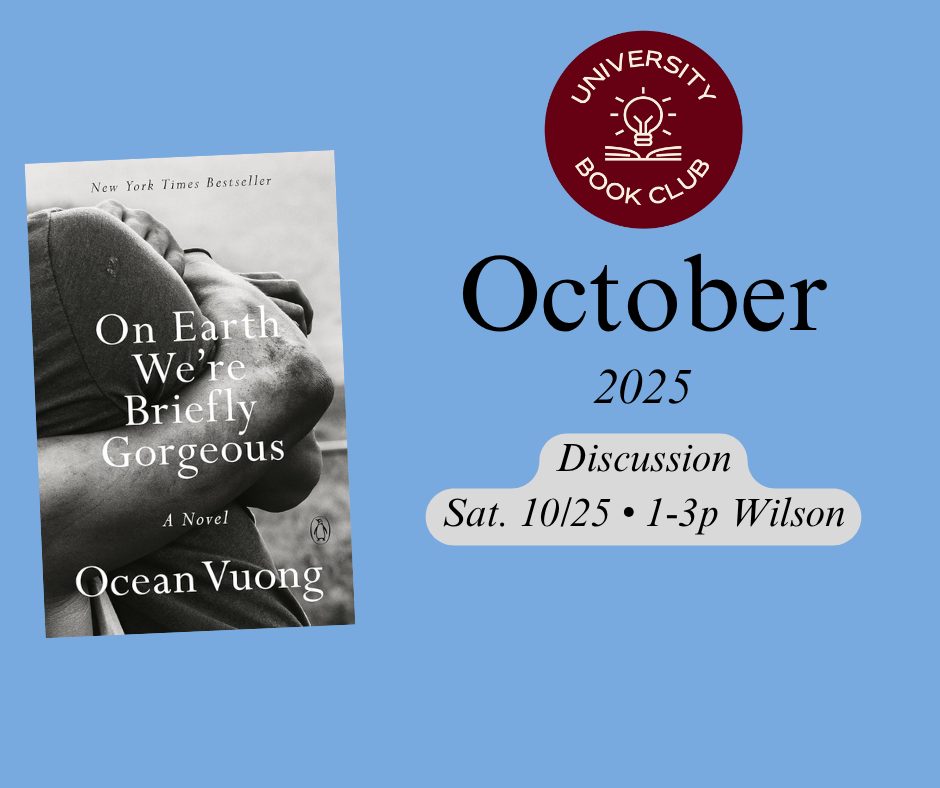 The cover of On Earth We're Briefly Gorgeous on a blue background with the time and location of the discussion.