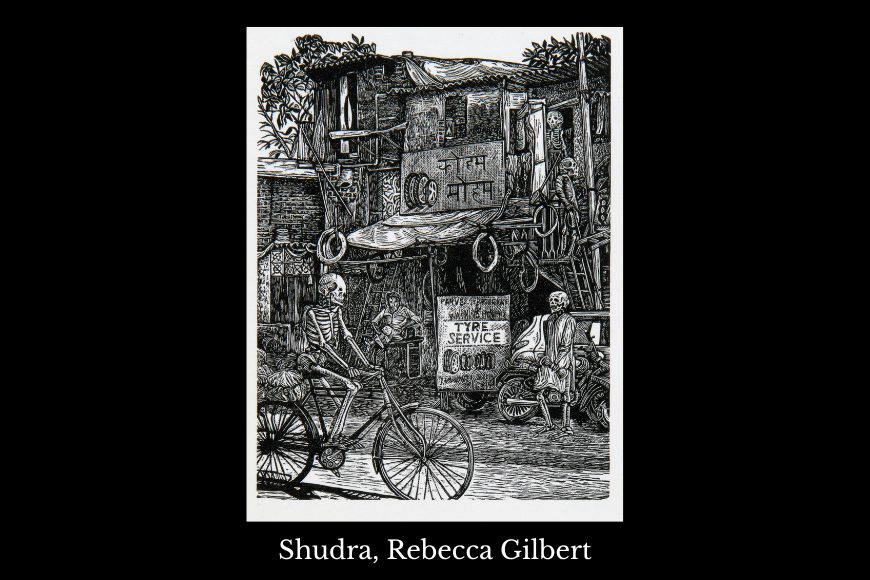 Woodcut of a skeleton riding a bicycle past other skeletons and a roadside tire shop