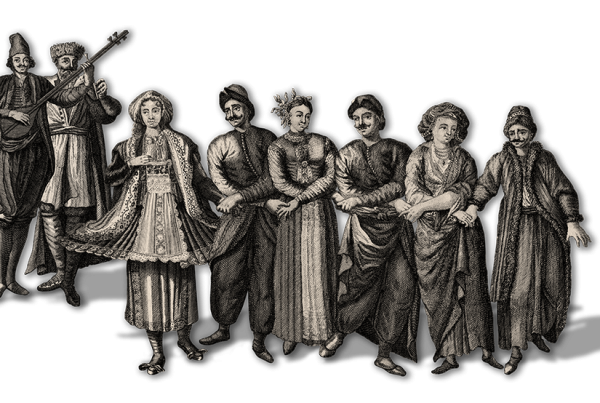 Early modern illustration of musicians and people celebrating