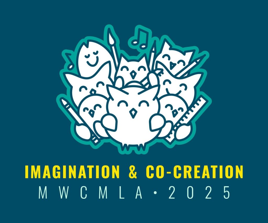 The logo for the 2025 Midwest Chapter of the Medical Library Association Annual Conference with the theme, "Imagination & Co-Creation" has a group of cute owls holding writing tools and surrounded by musical notes.