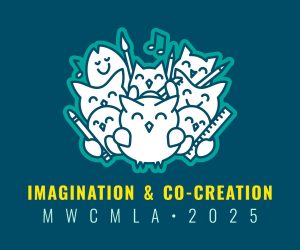 The logo for the 2025 Midwest Chapter of the Medical Library Association Annual Conference with the theme, "Imagination & Co-Creation" has a group of cute owls holding writing tools and surrounded by musical notes.