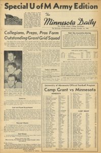 Front cover of the October 16, 1943 issue of The Minnesota Daily, the student newspaper. It features special articles related to the men serving in the Army during WWII. 