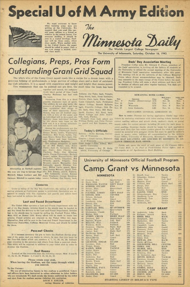 Front cover of the October 16, 1943 issue of The Minnesota Daily, the student newspaper. It features special articles related to the men serving in the Army during WWII.