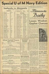 Front cover of the November 27, 1943 issue of The Minnesota Daily, the student newspaper. It features special articles related to the men serving in the Navy during WWII. 