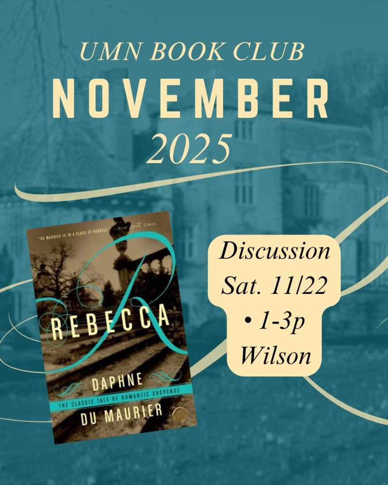 The cover of Rebecca on a blue background with the date of our November discussion.