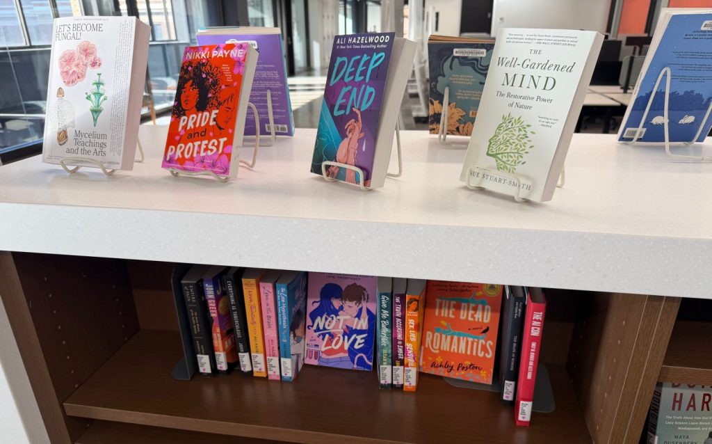 A collection of softcover books on a bookshelf are displayed for browsing.