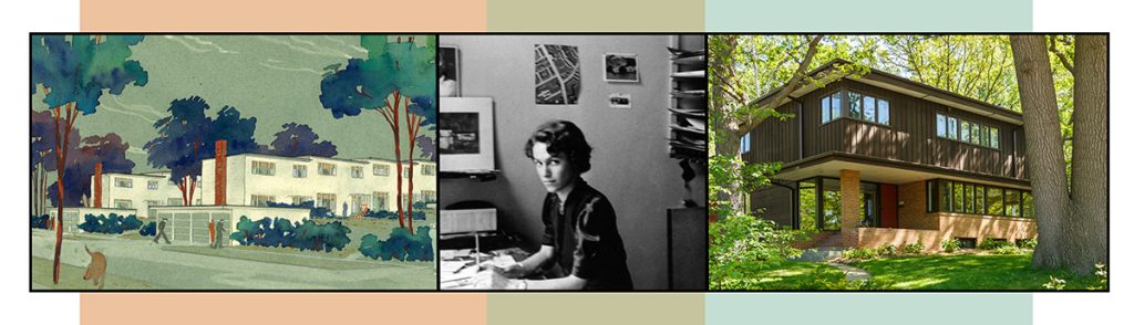 Collage by Darren Terpstra of illustrations and photos about Elizabeth Schue Close and her architectural work