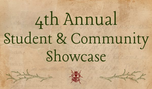 Student & Community Showcase text against sepia background with illustrations of two green tree branches and maroon ladybug beetle below text